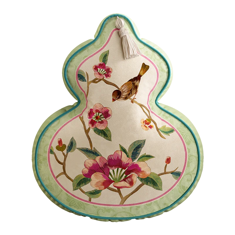 Coussin Décoratif Forme Gourde - Motif Floral et Oiseaux