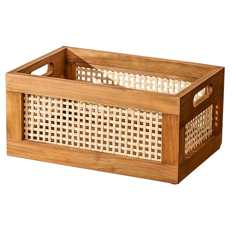 Boîte de Rangement en Bois Massif Style Rétro Rotin