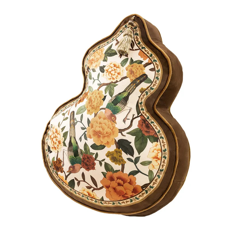 Coussin Décoratif Forme Gourde - Motif Floral et Oiseaux
