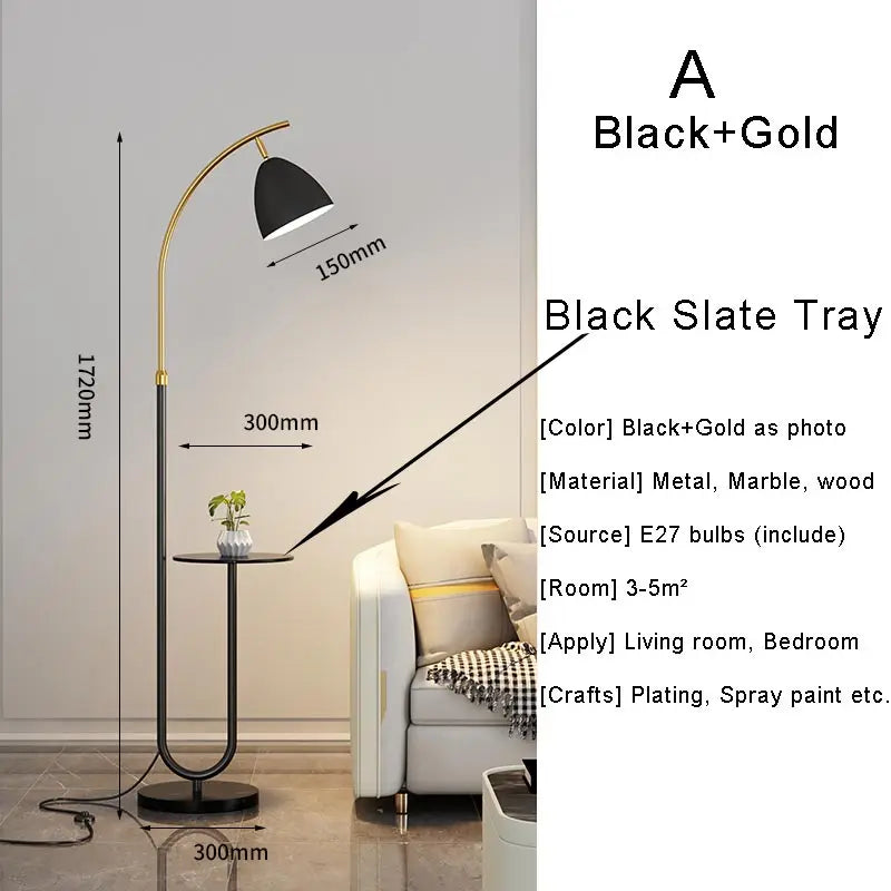 Lampadaire sur Pied Nordique - Abat-Jour Tissu Noir et Or