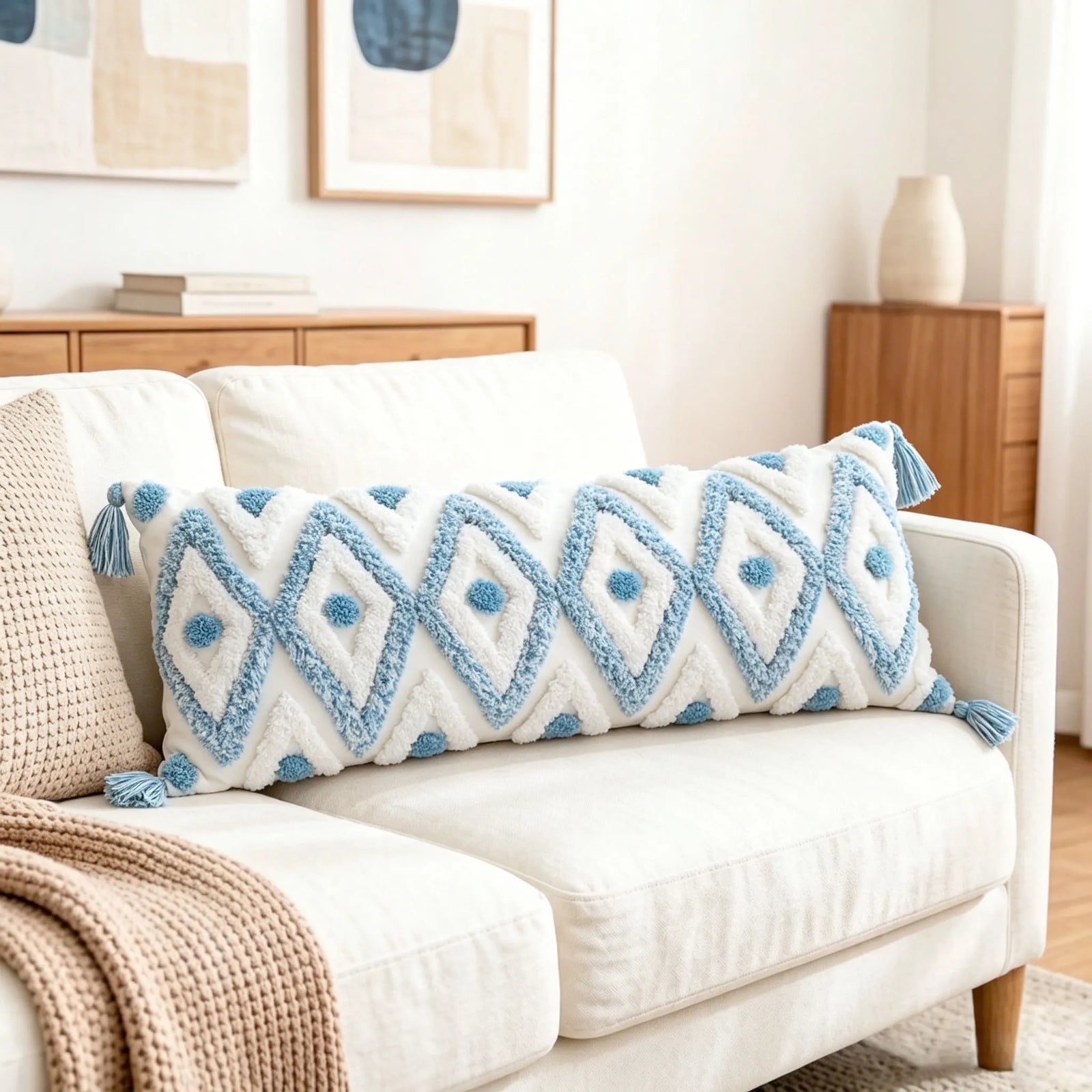 Housse de Coussin Lombaire Bohème - Losanges Bleu et Blanc