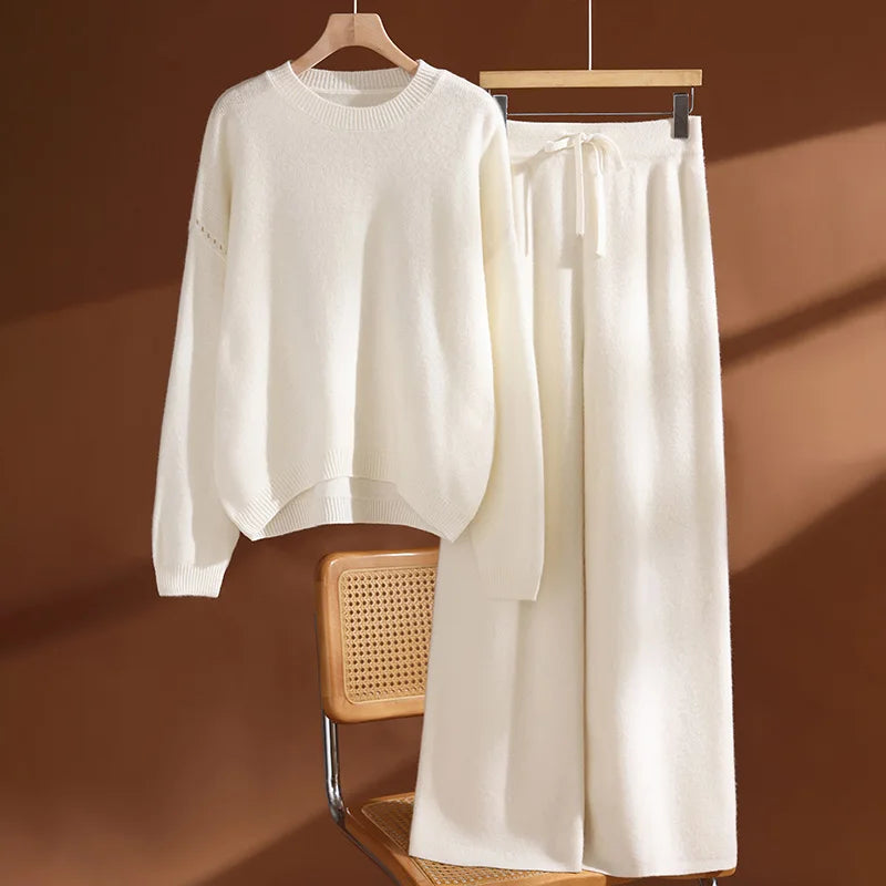Women's 100% Wool Set O-neck Pullover Wide Leg Pants Loose Thick Autumn Winter Solid Cashmere Sweater Knitwear Trousers Suit