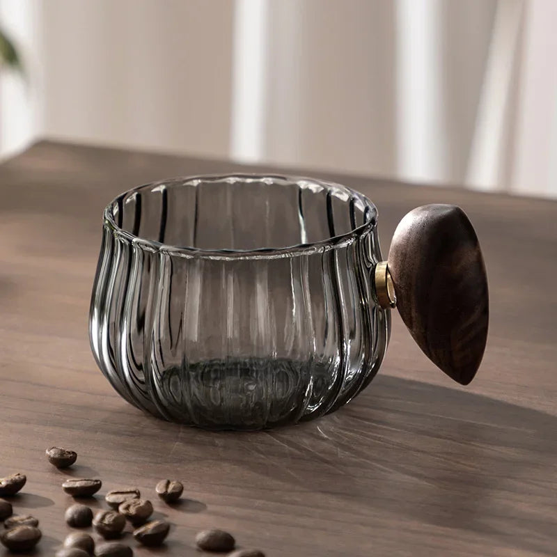Tasse à Café Verre Rayé Résistant à la Chaleur Manche Bois