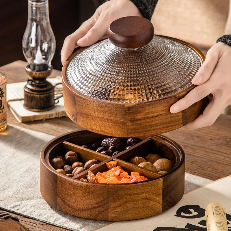 Coupe à Fruits en Bois d'Acacia avec Cloche en Verre