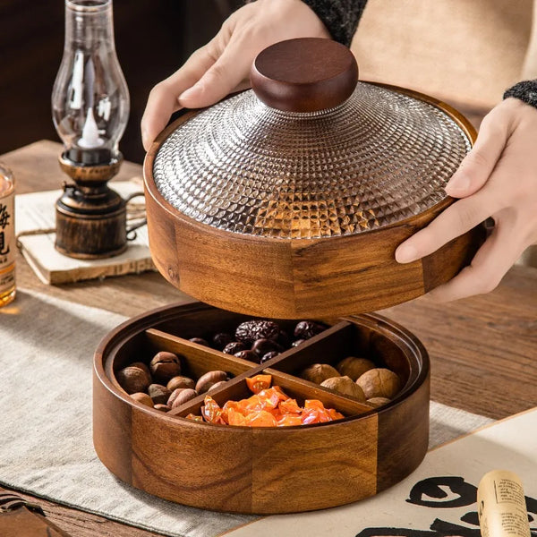 Coupe à Fruits en Bois d'Acacia avec Cloche en Verre
