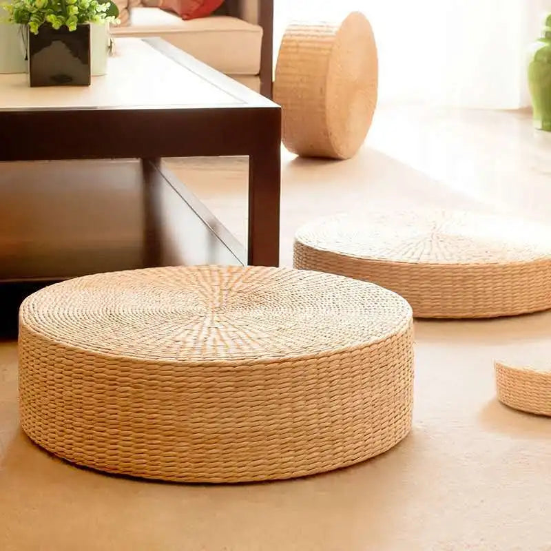 Coussin Rond en Paille Naturelle Tressée - Style Tatami
