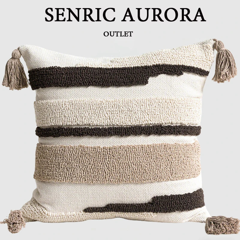 Housse de Coussin Beige Velours Bouclé Tricolore