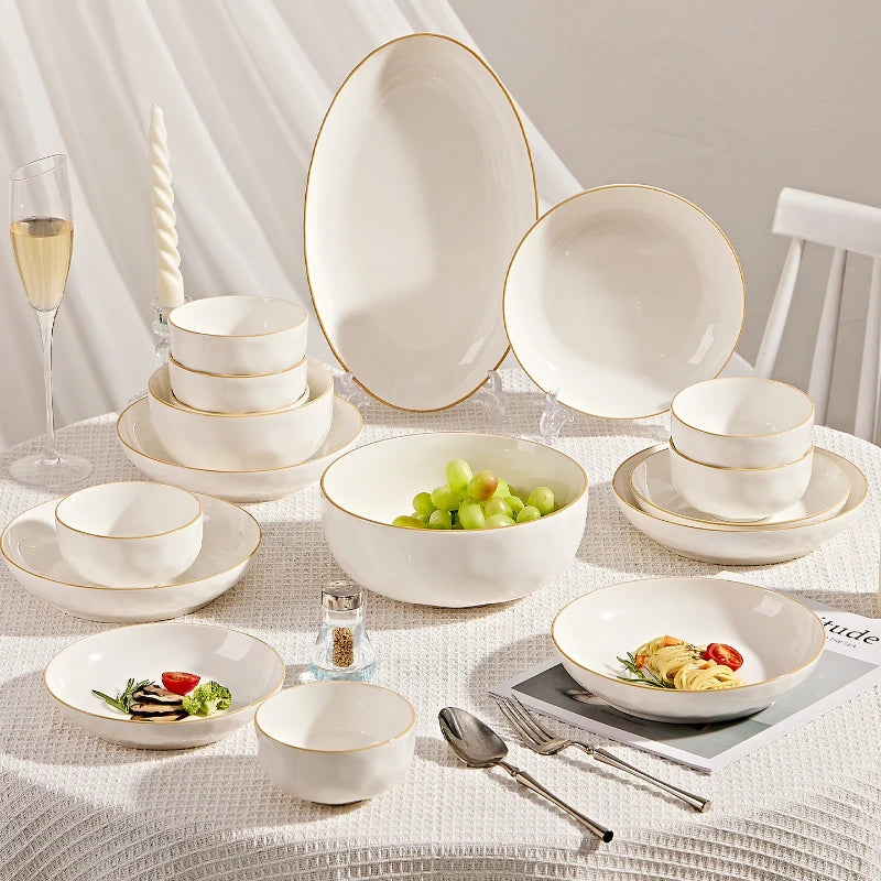Service de Vaisselle Blanc Liseré Doré Style Coréen 8 Personnes