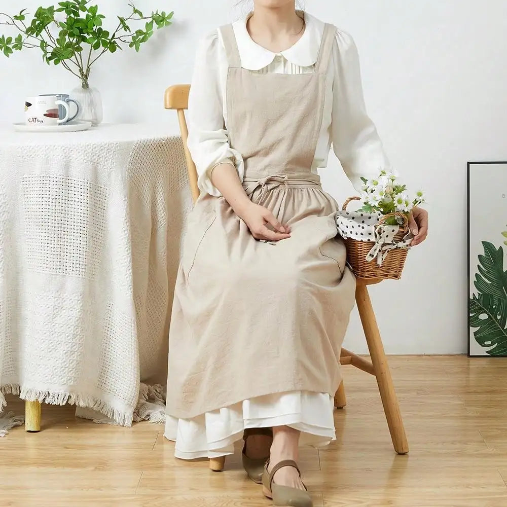 Tablier Robe Plissé Coton Lin Croisé Dans le Dos