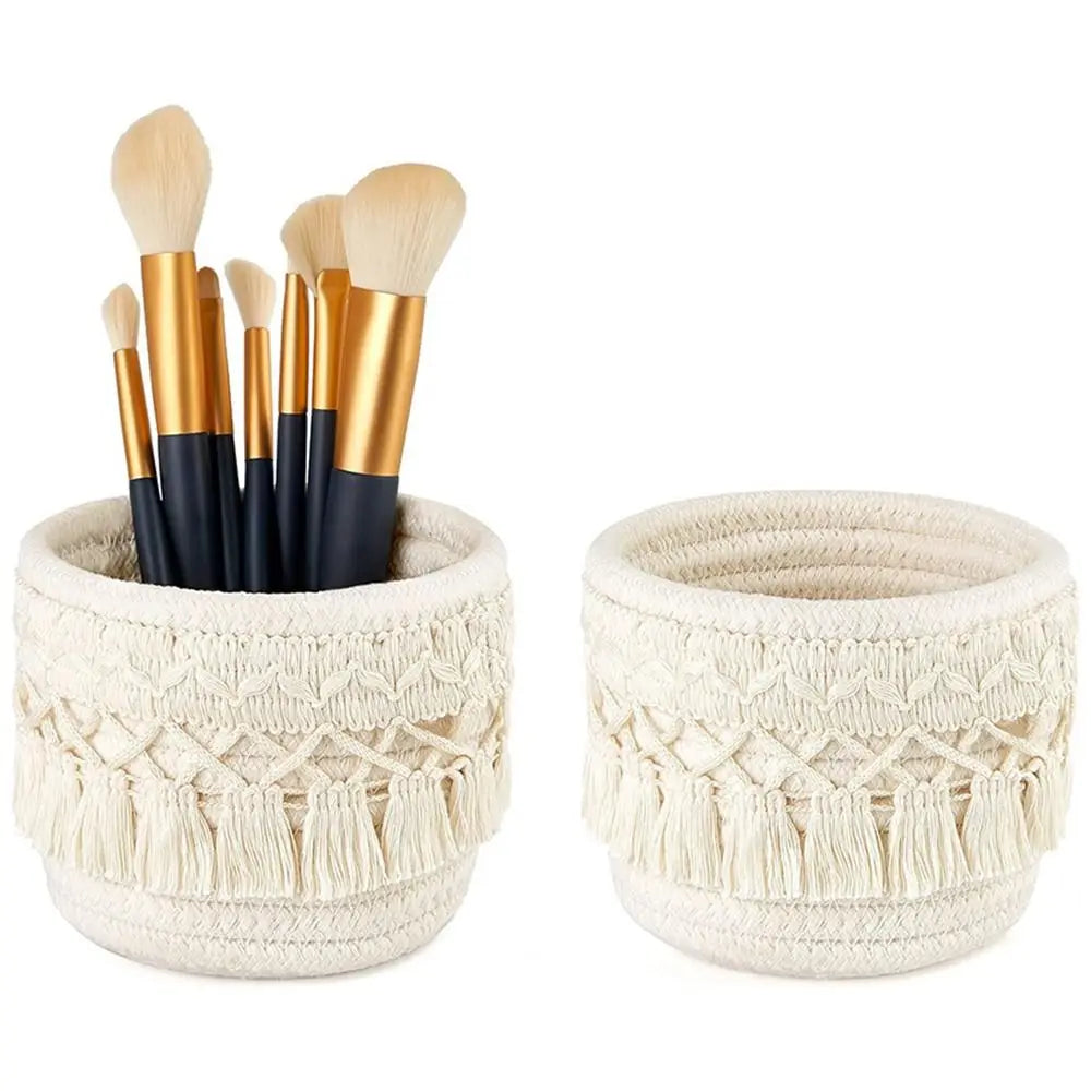 Panier de Rangement Tressé à Pompons - Corde de Coton