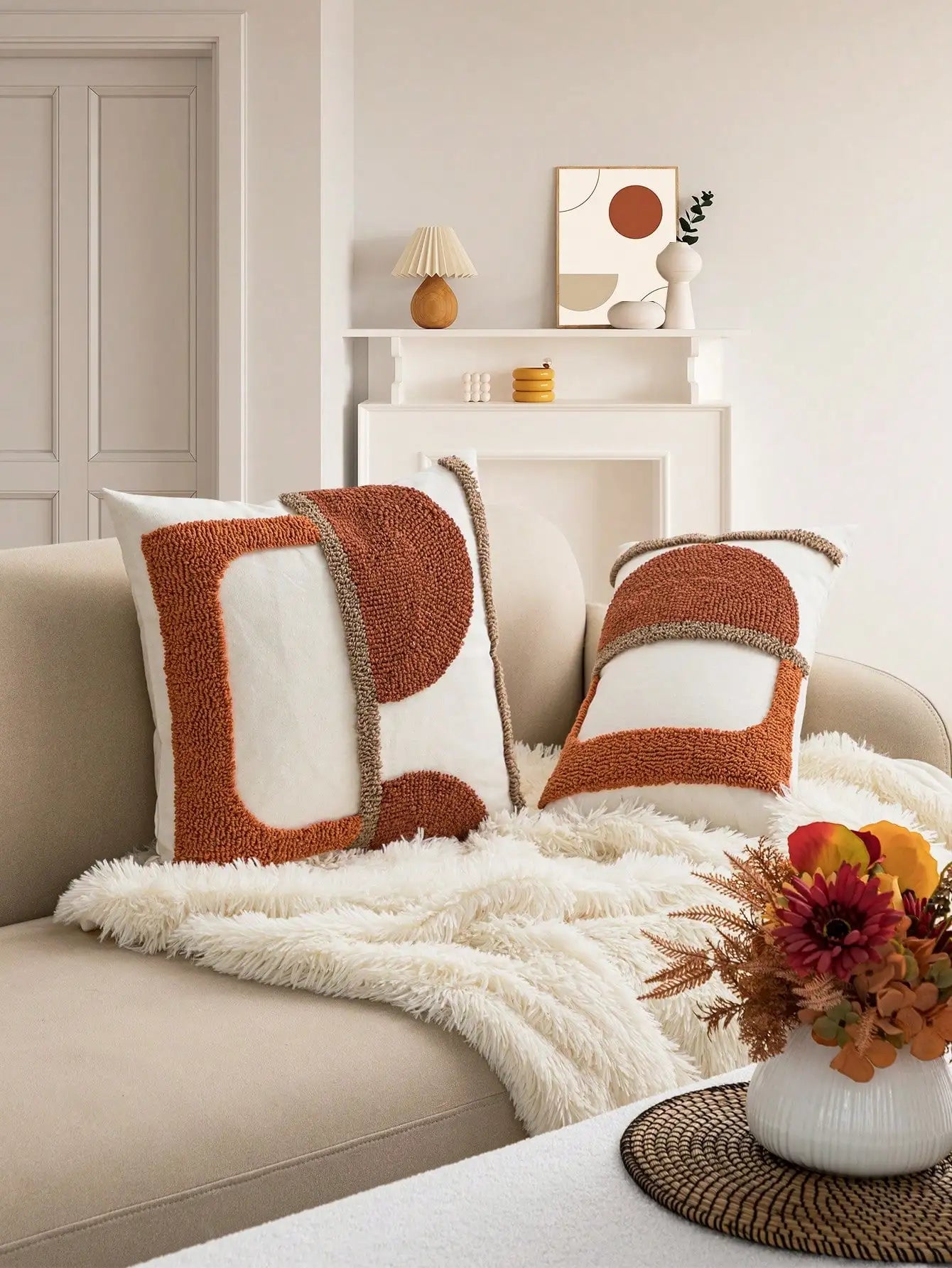 Housse de Coussin Toile Brodée - Motif Géométrique