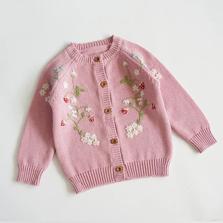 Cardigan Fille Brodé Motif Champignon