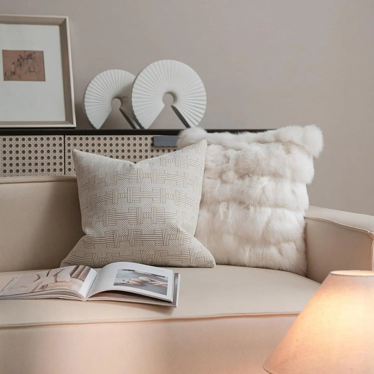 Housse de Coussin Jacquard Géométrique Gris Avoine Luxe Minimaliste