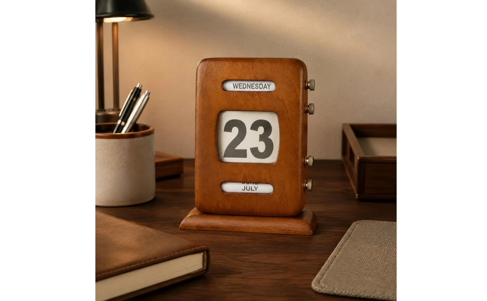 Calendrier Perpétuel Rétro Bois Réglable pour Bureau