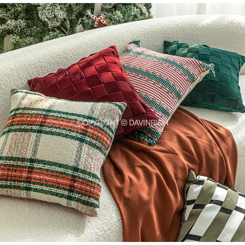 Housse de Coussin Velours Tissage Panier Luxe