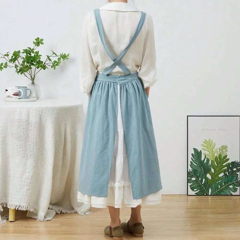 Tablier Robe Plissé Coton Lin Croisé Dans le Dos