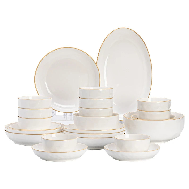 Service de Vaisselle Blanc Liseré Doré Style Coréen 8 Personnes