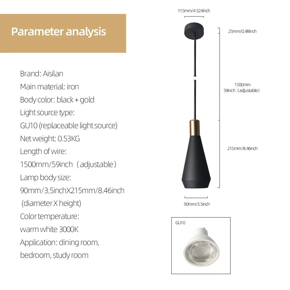 Suspension LED GU10 Noire Design Îlot de Cuisine