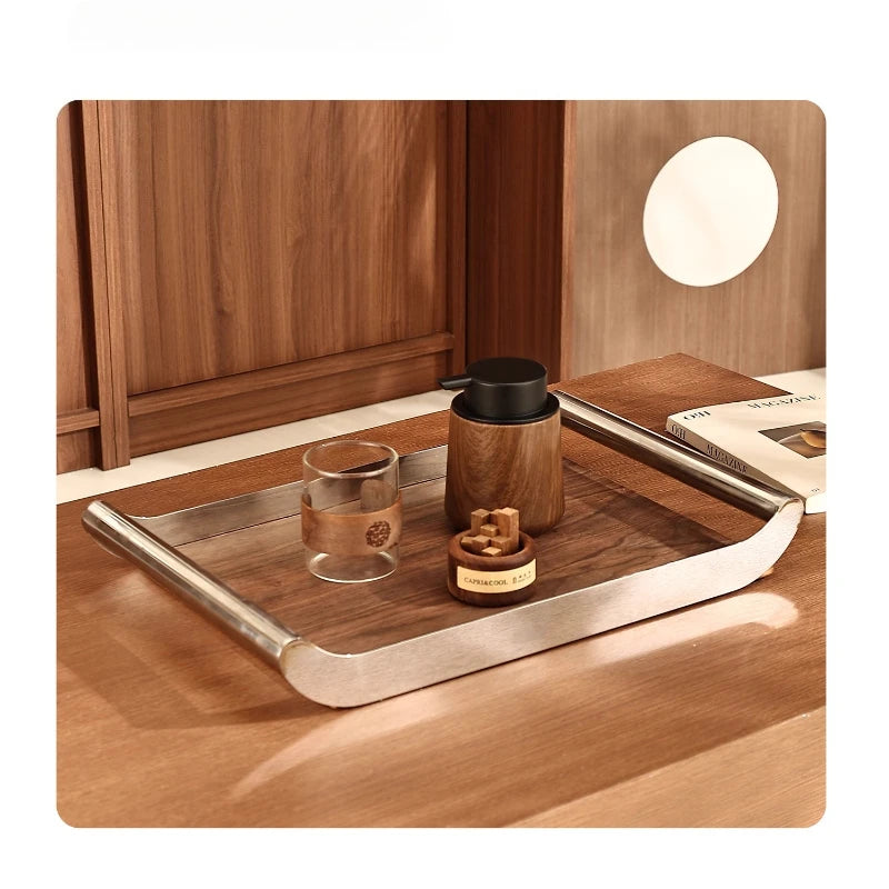 Plateau Bois de Noyer et Acier Inoxydable Rectangulaire