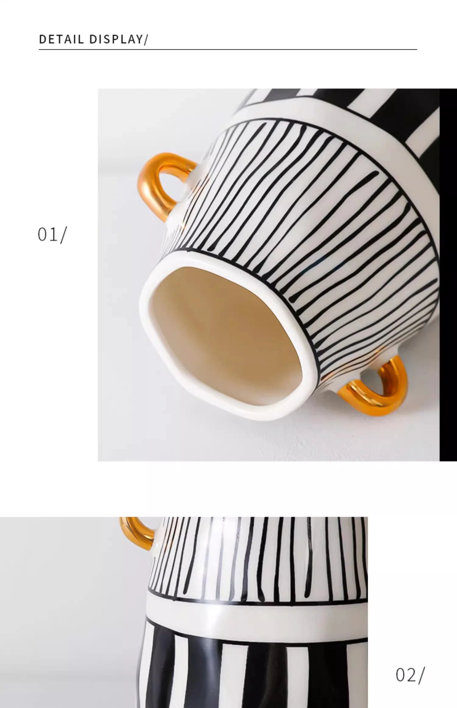 Vase Céramique Rayures Noir et Blanc pour Fleurs