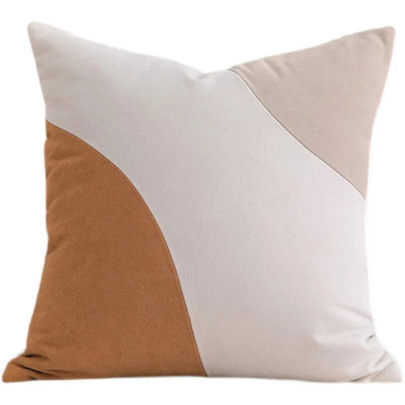 Housse de Coussin Beige Brun Patchwork Cuir Style Français