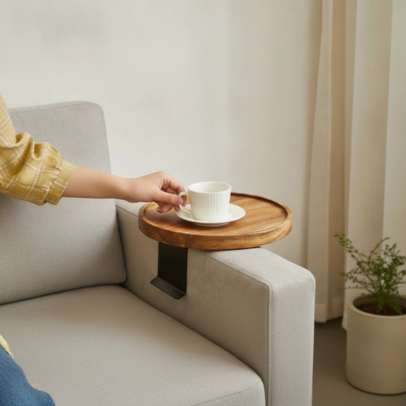 Round Sofa Armrest Tray – Space-Saving Wood Couch Table