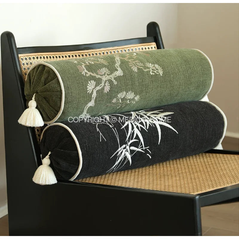 Housse de Coussin Cylindrique Brodée Feuilles de Bambou