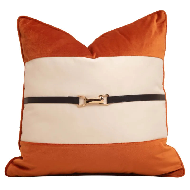 Housse de Coussin Velours Orange Beige Brodée Lombaire