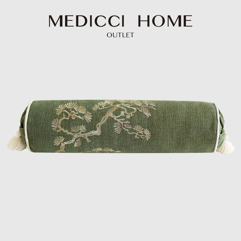 Housse de Coussin Cylindrique Brodée Feuilles de Bambou