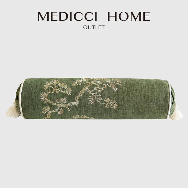 Housse de Coussin Cylindrique Brodée Feuilles de Bambou