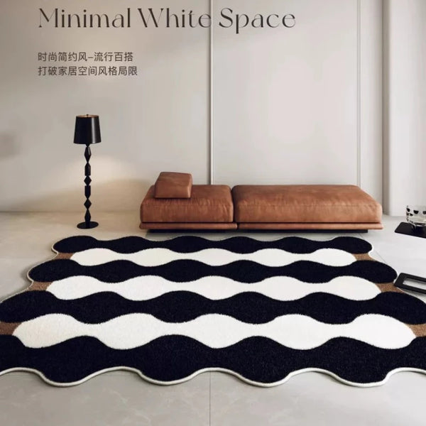 Tapis Ondulé Noir et Blanc Poil Moelleux