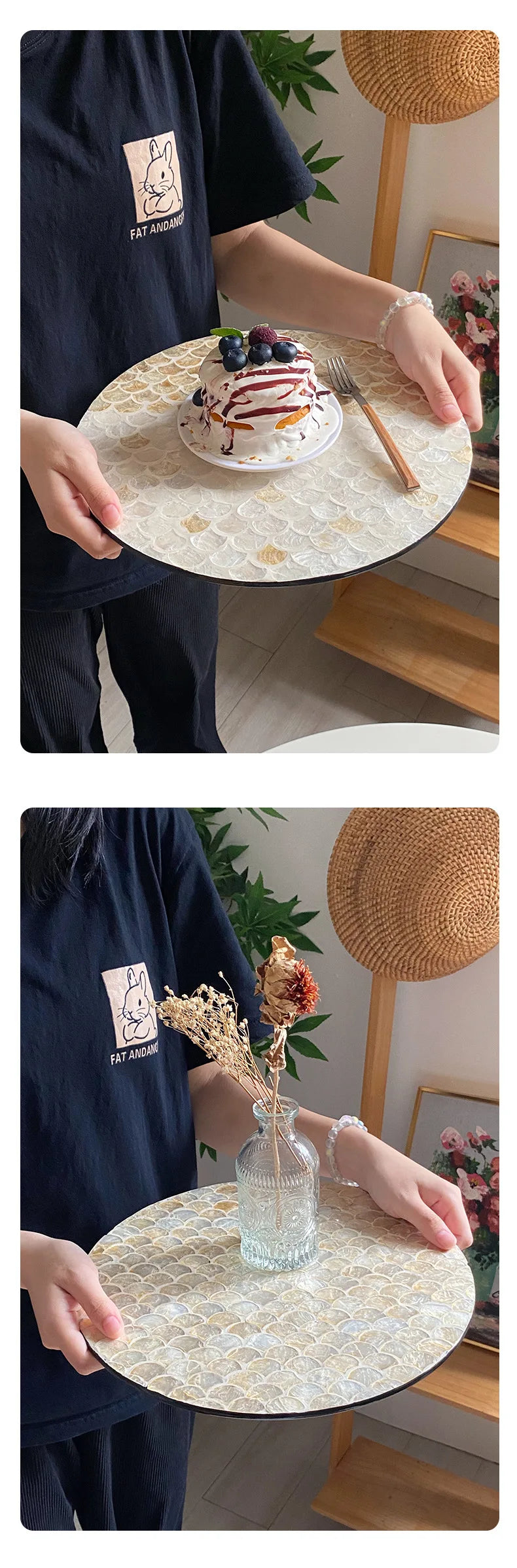 Plateau Rond Tissé Coquillages Style Léger Luxe