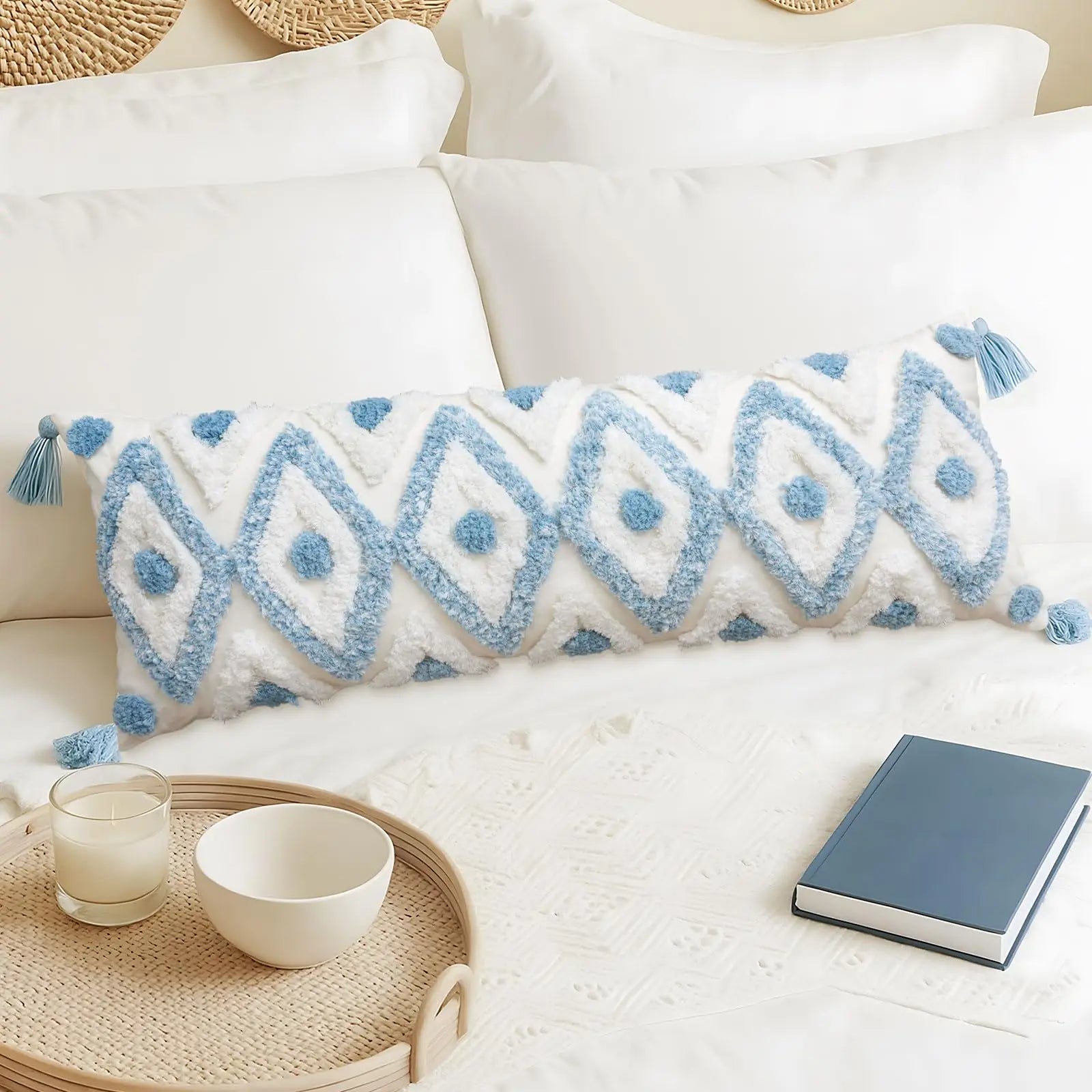 Housse de Coussin Lombaire Bohème - Losanges Bleu et Blanc