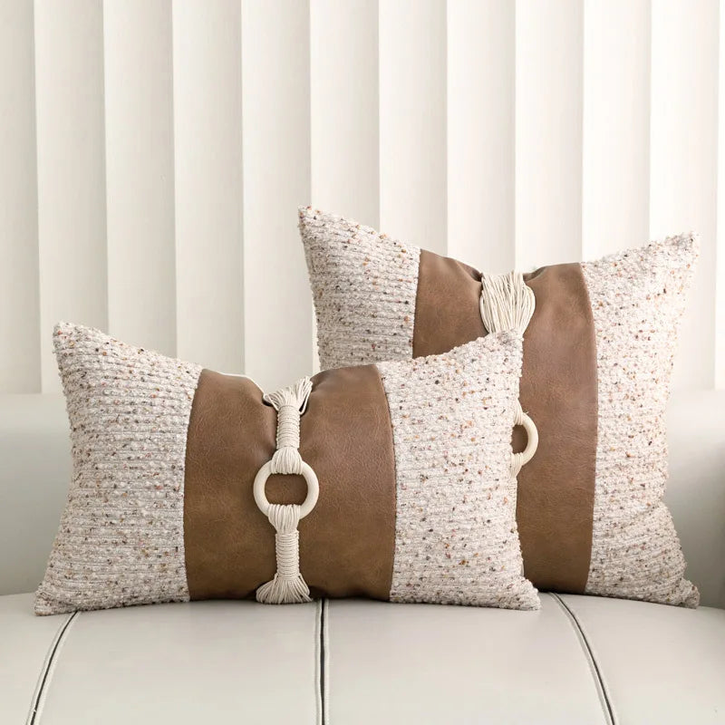 Housse de Coussin Beige Brun Patchwork Cuir Style Français