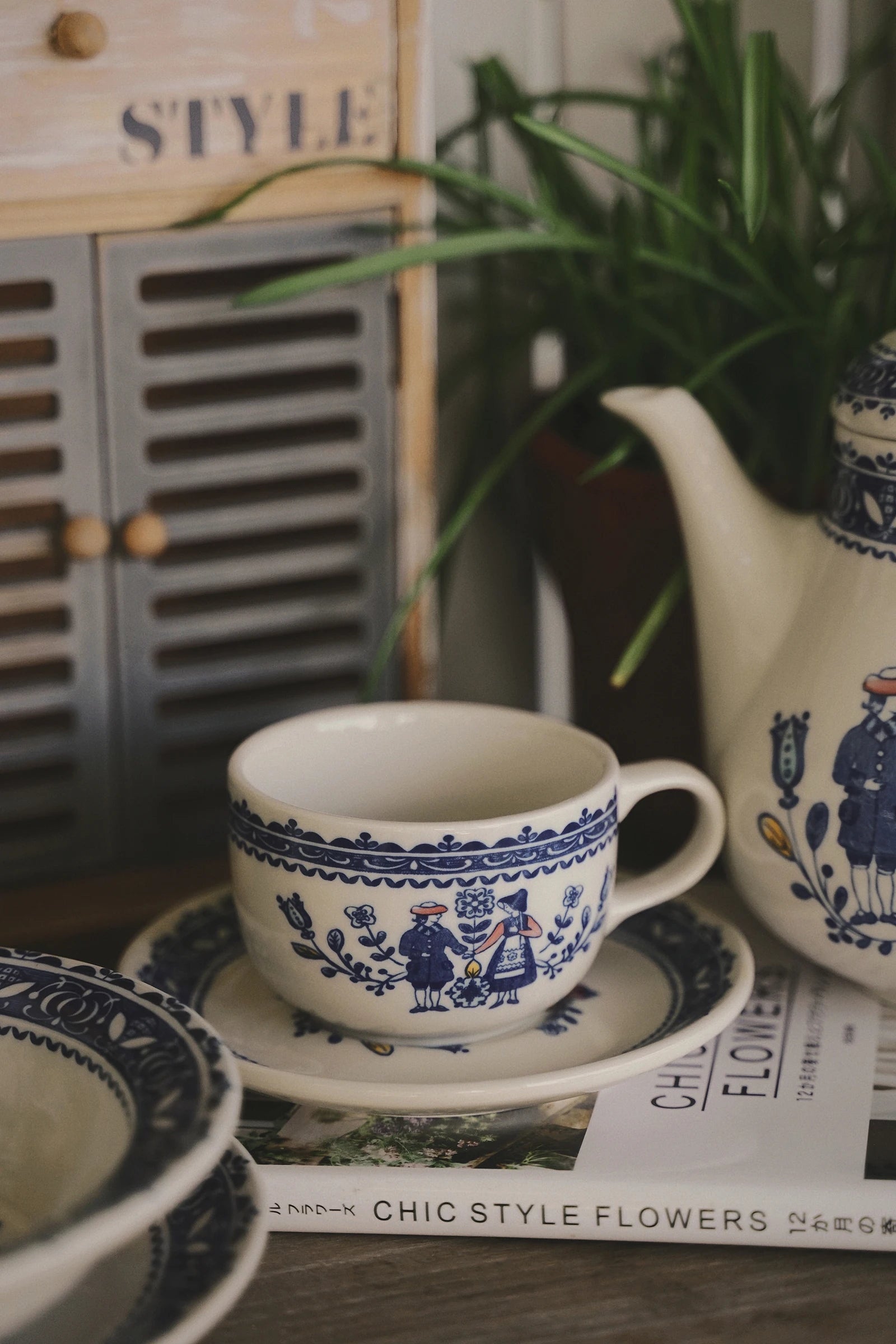 Tasse à Café Peinte Main Motif Champêtre Rétro
