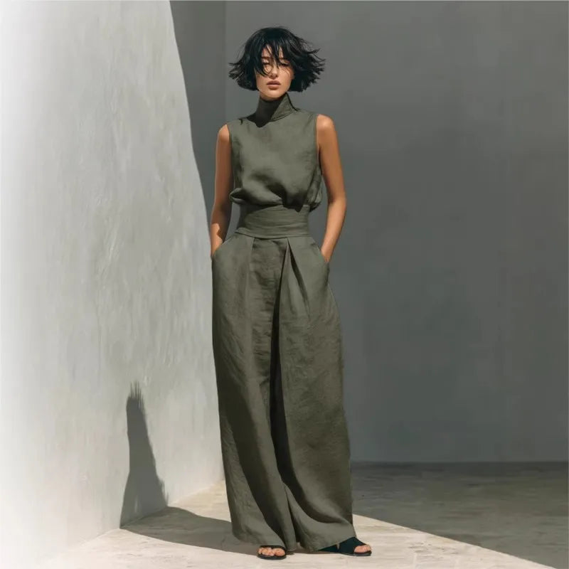 Fashion Elegant 2Pc Pants Set 2026 Summer Sleeveless Turtleneck Top+Wide Leg Pants High Street Casual Two Piece Set Women Outfit