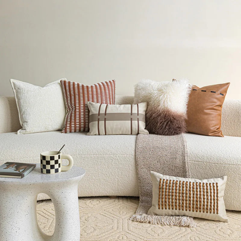 Housse de Coussin Cuir Tissé Orange et Blanc Format Carré