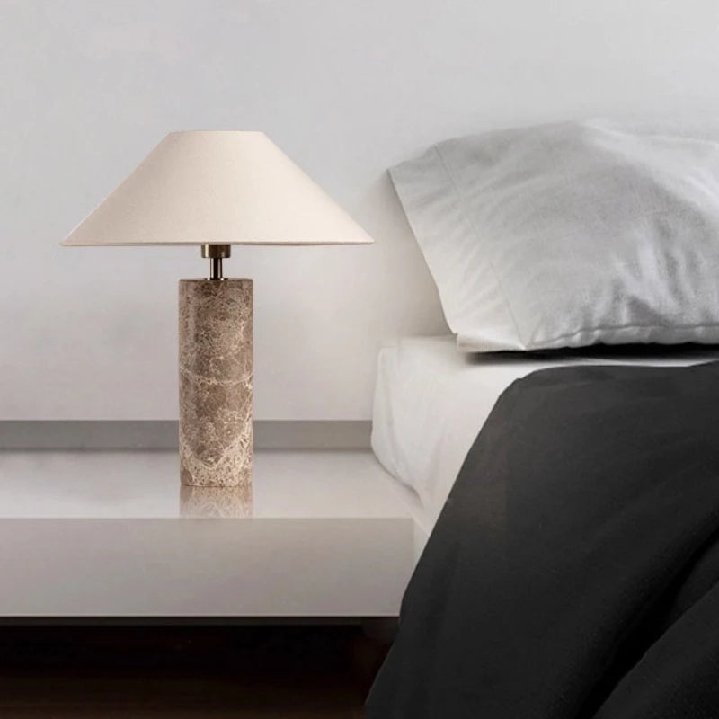 Lampe de Table Cylindrique - Base Marbre et Abat-Jour Tissu