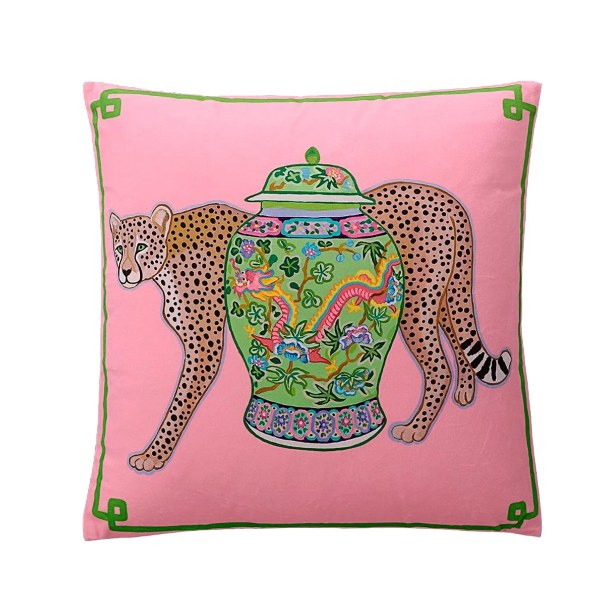 Housse de Coussin Velours Motif Léopard à Pompons
