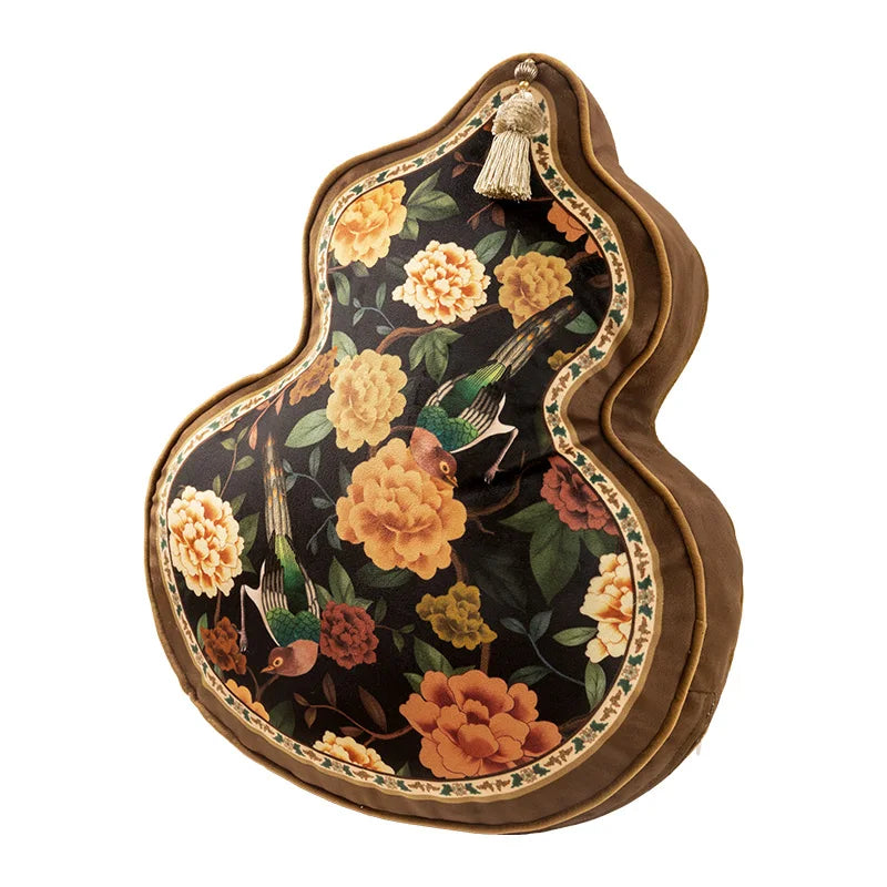 Coussin Décoratif Forme Gourde - Motif Floral et Oiseaux
