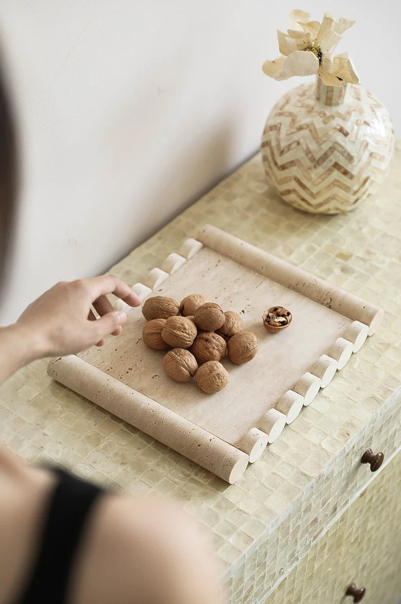 Plateau de Service Marbre Travertin Beige Vintage