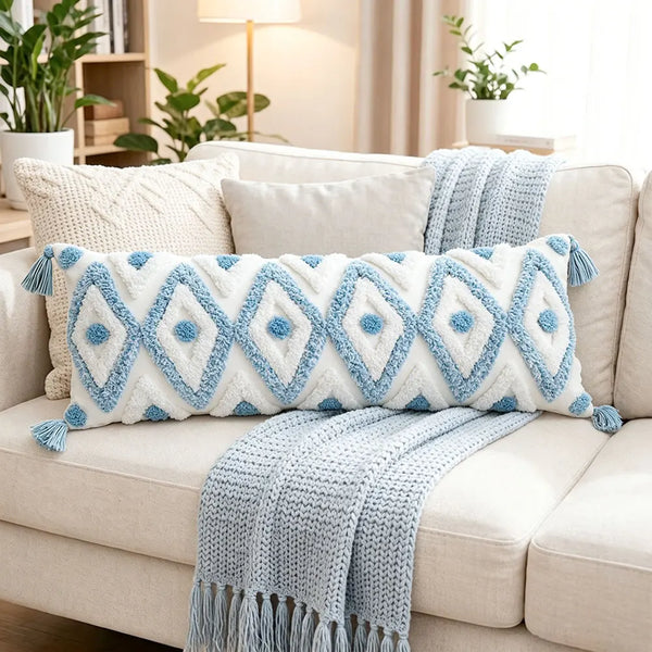 Housse de Coussin Lombaire Bohème - Losanges Bleu et Blanc