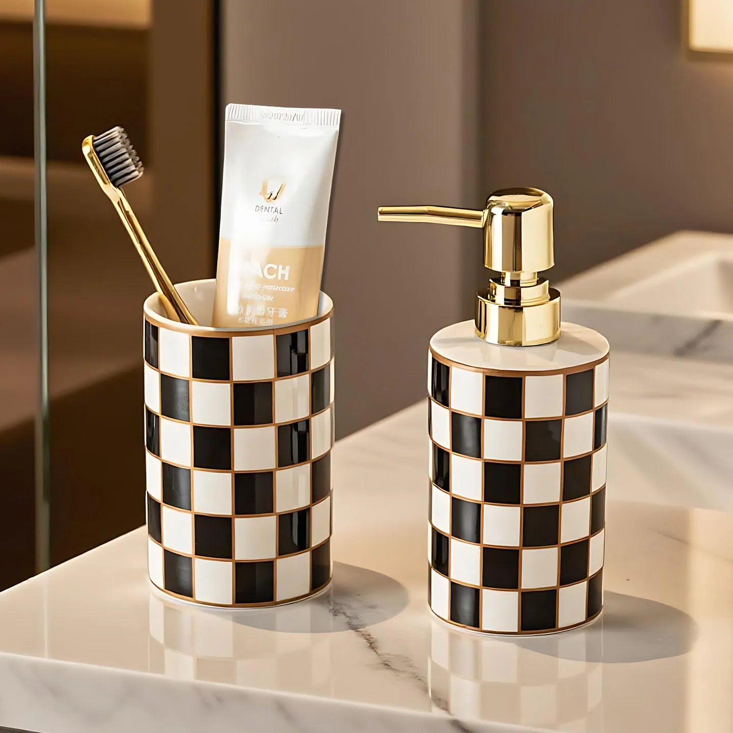 Ceramic Soap Dispenser – Grid Pattern Lotion Bottle