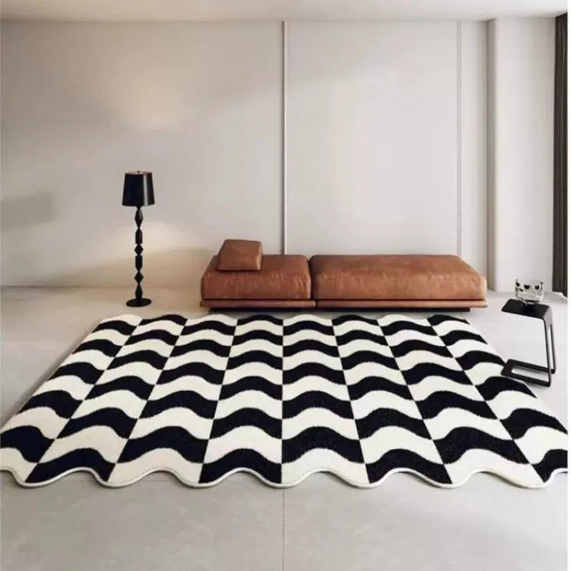 Wavy Area Rug – Black & White Fluffy Pile
