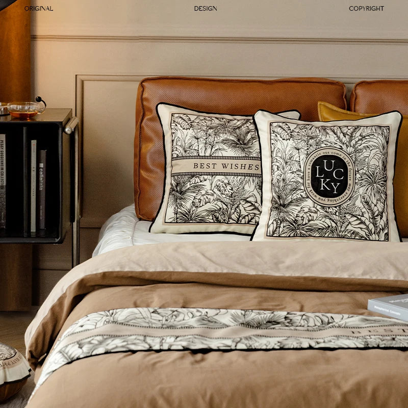 Housse de Coussin Florale en Velours - Style Rétro Noir et Blanc