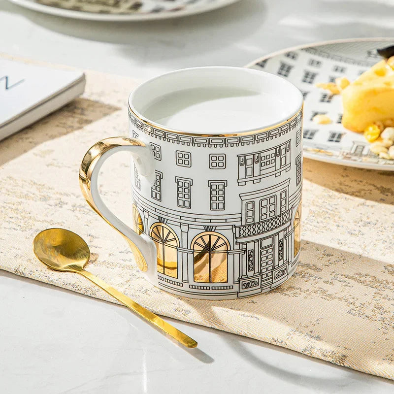 Tasse à Café et Assiette en Céramique Motif Architecture Romaine