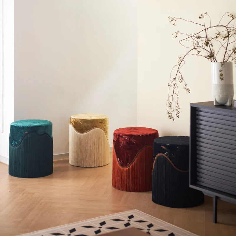 Tabouret Bas en Velours Frangé - Style Chinois Moderne