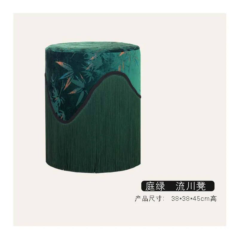 Tabouret Bas en Velours Frangé - Style Chinois Moderne