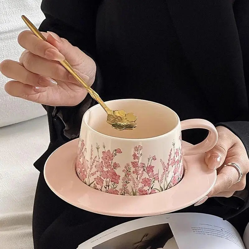 Tasse et Soucoupe en Céramique Rose - Style Français Rétro