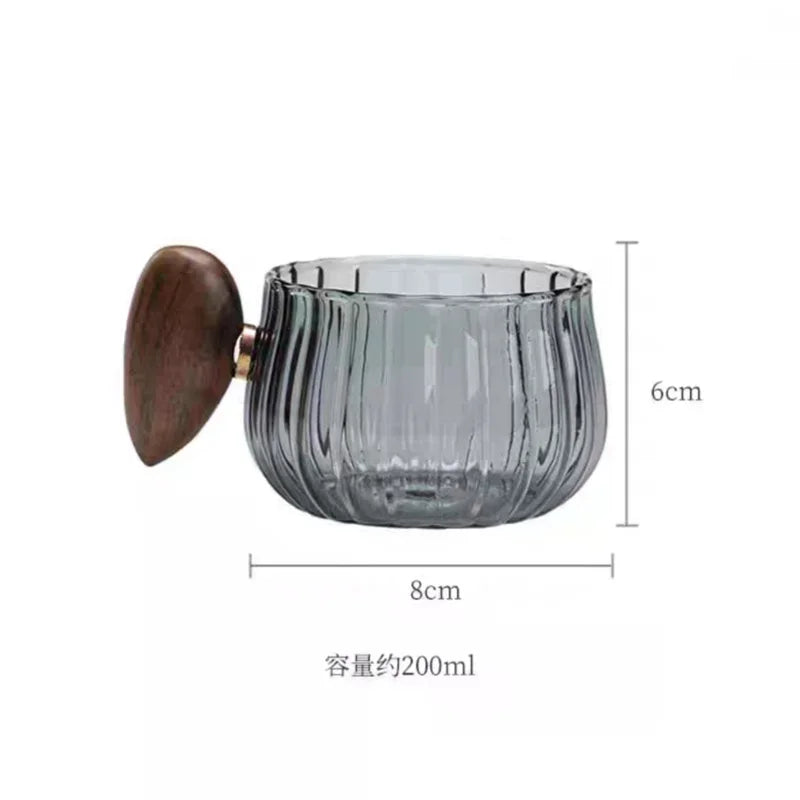 Tasse à Café Verre Rayé Résistant à la Chaleur Manche Bois